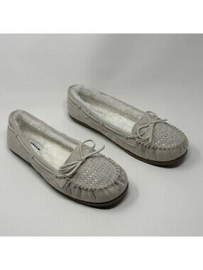 Airwalk Moccasin Slippers Womens 11 Grey Faux Suede Rhinestone Faux Fur Cozy